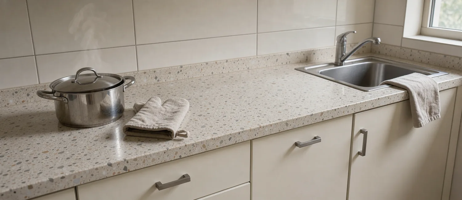 A small stockpot and linen mitt at one end of an otherwise open home kitchen counter.