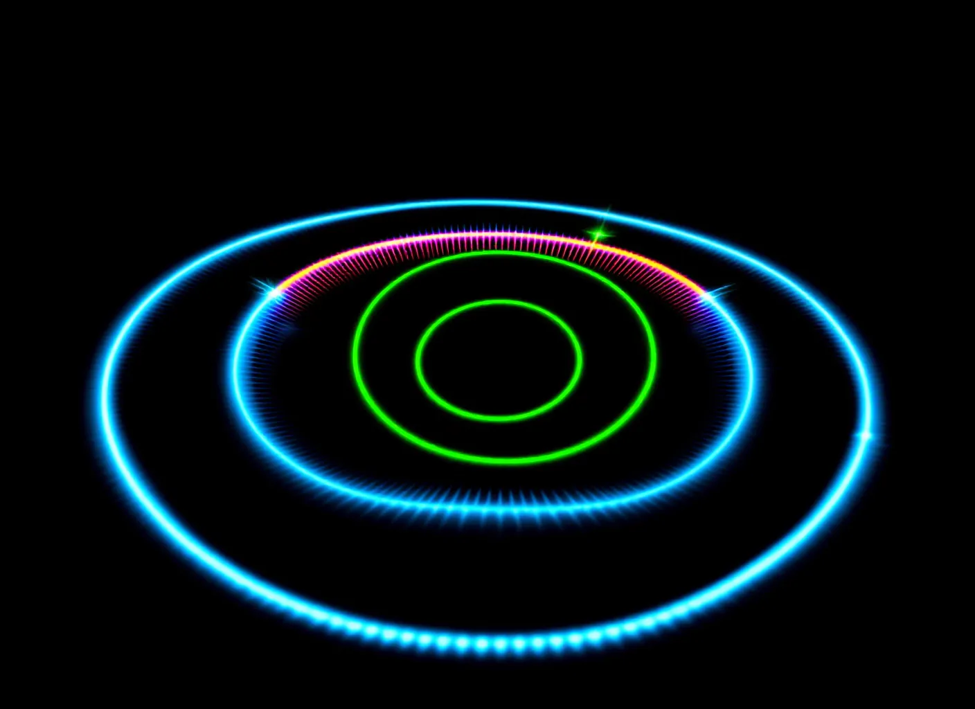 Three nested recursive orbits in blue green and magenta with glowing feedback nodes on near-black