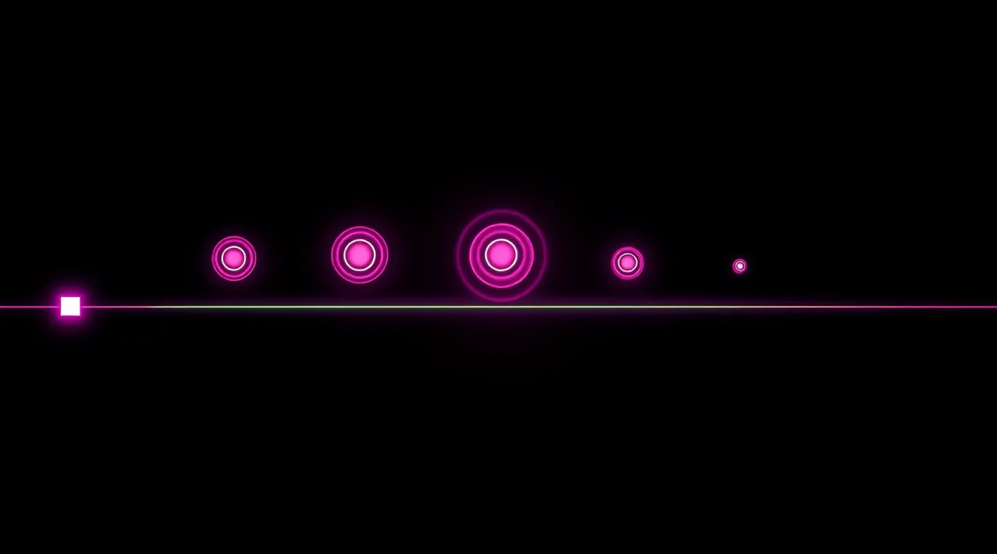 Five progressively dimmer magenta radial blooms suggesting exponential decay on near-black