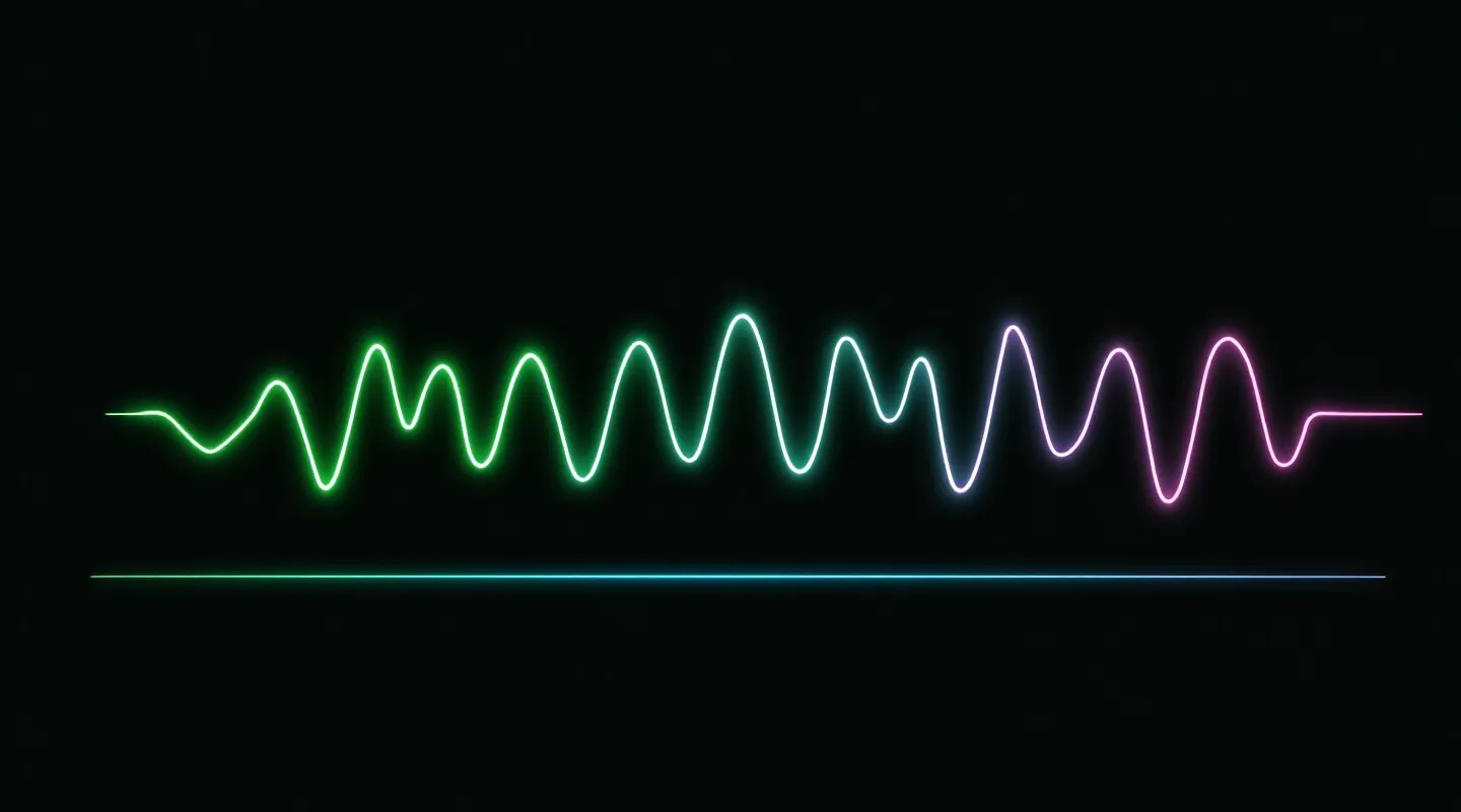 Seven glowing pulse waveforms in neon green with magenta underglow on near-black