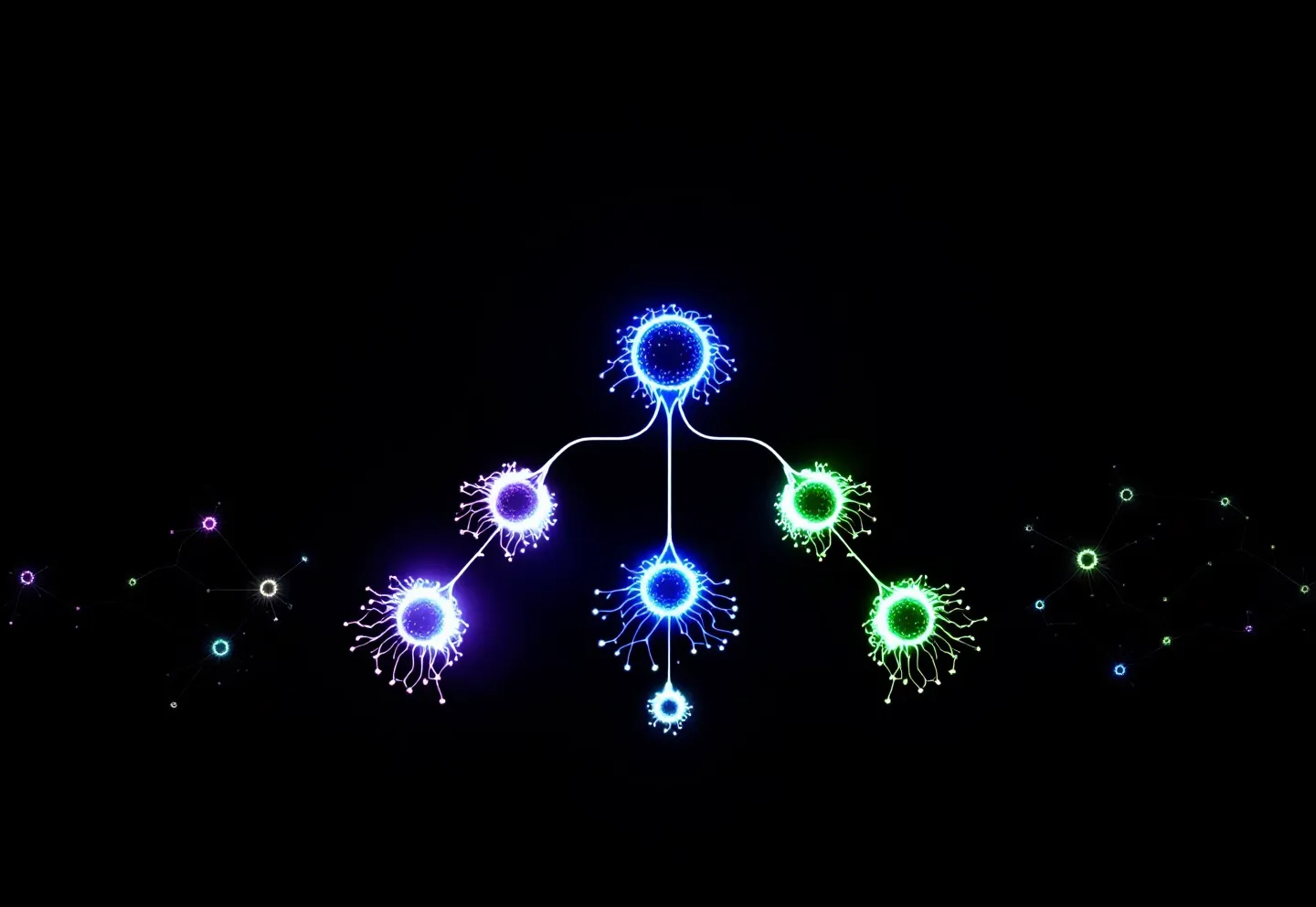Recursive bioluminescent branching cascade in magenta blue and green nodes on near-black