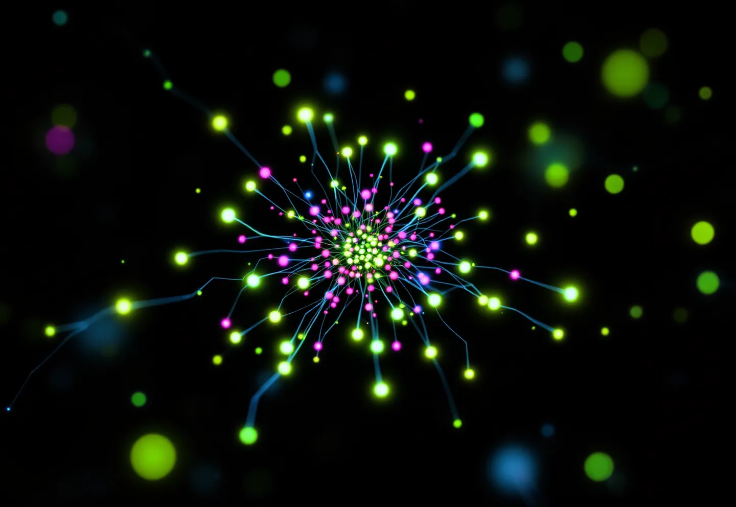 Asymmetric cluster of glowing magenta and green nodes connected by blue filaments on near-black
