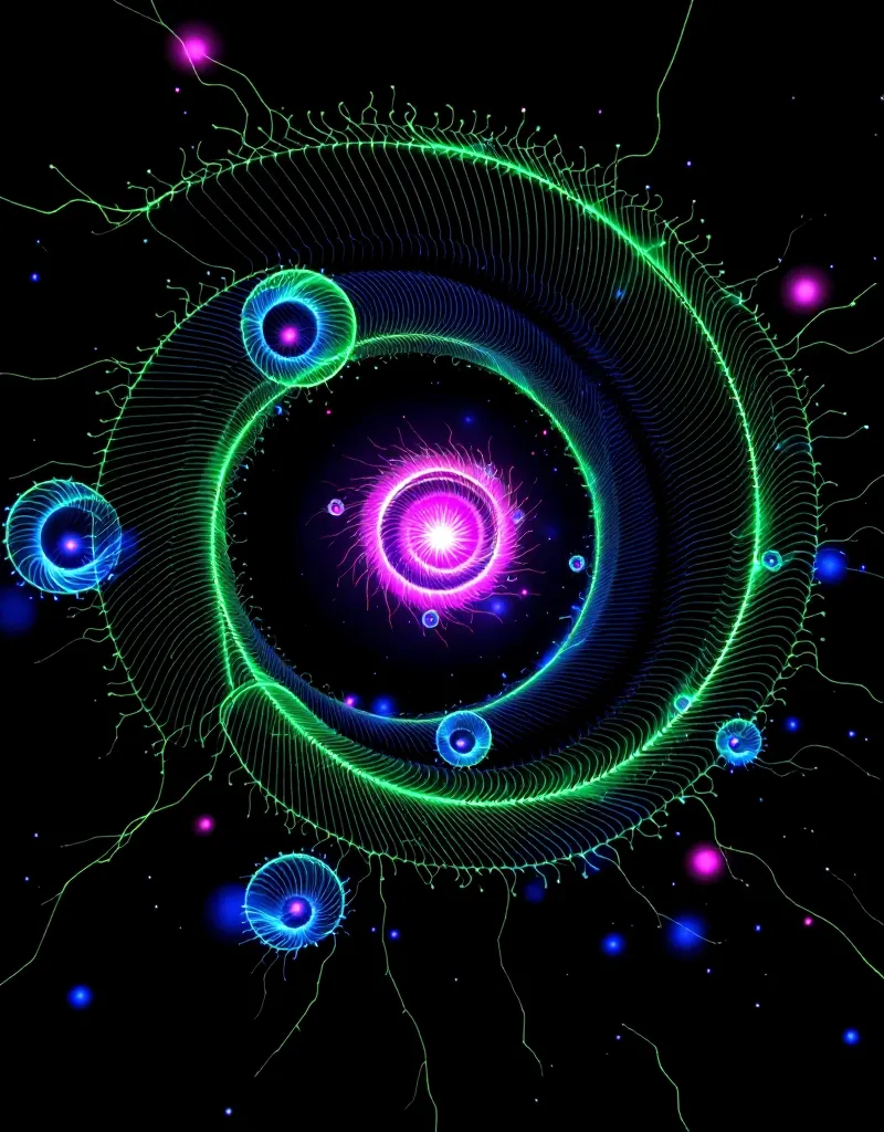 Luminescent fractal spiral in neon green with glowing magenta core and recursive sub-spirals on near-black